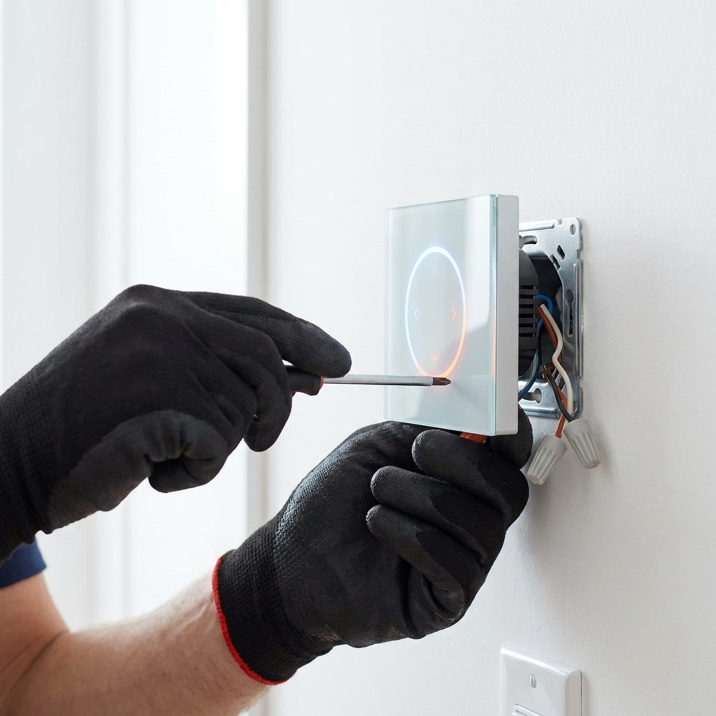 Apex Climate technician installing a modern smart thermostat