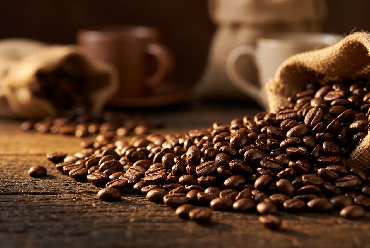 Glossy dark-roast beans spilling across a surface in warm terracotta light