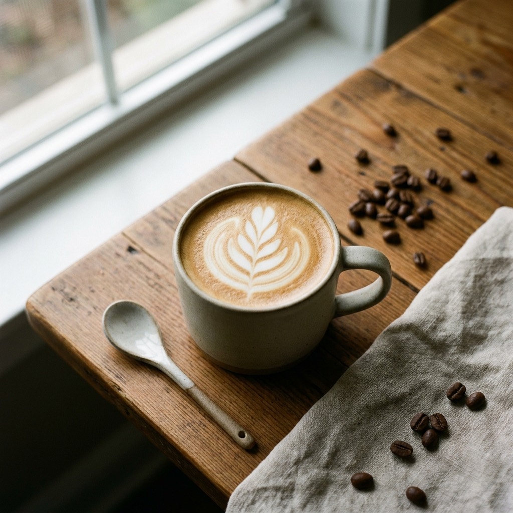Overhead flat white with a rosetta poured in the crema, on the café counter