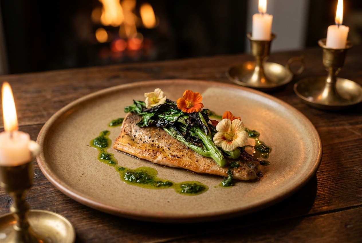 Seared trout plated by candlelight, glossed with brown butter and capers in the hearth glow