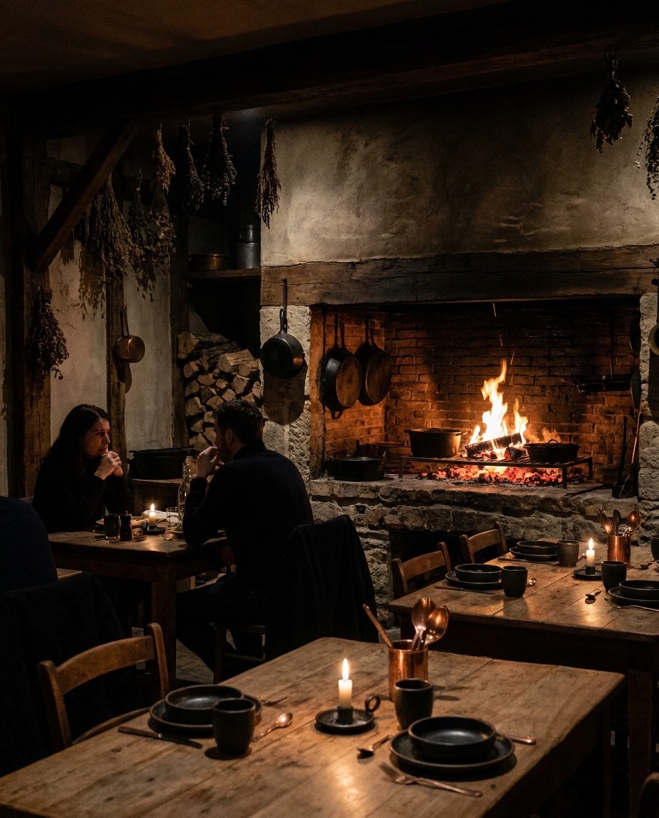 The wood-fired hearth with live flames and cast-iron pans, lit in moody orange firelight