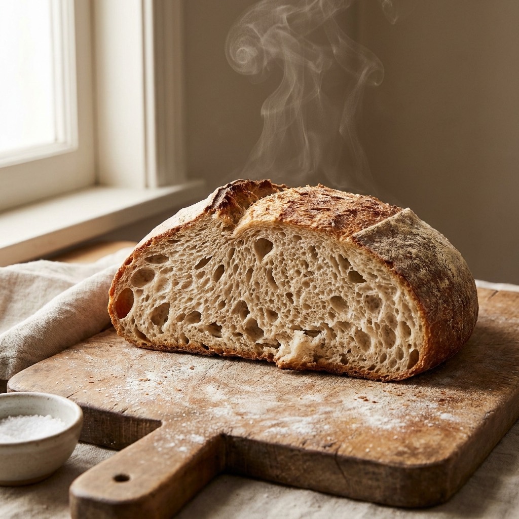 A torn-open loaf of house sourdough, steam rising over a floured board