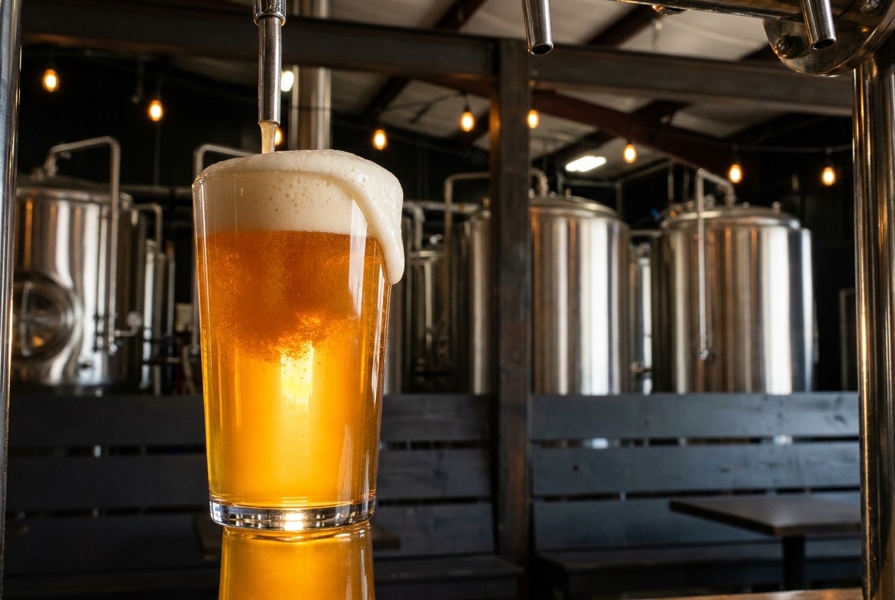 A craft beer pouring into a glass with thick foam, backlit by amber light with steel tanks blurred behind
