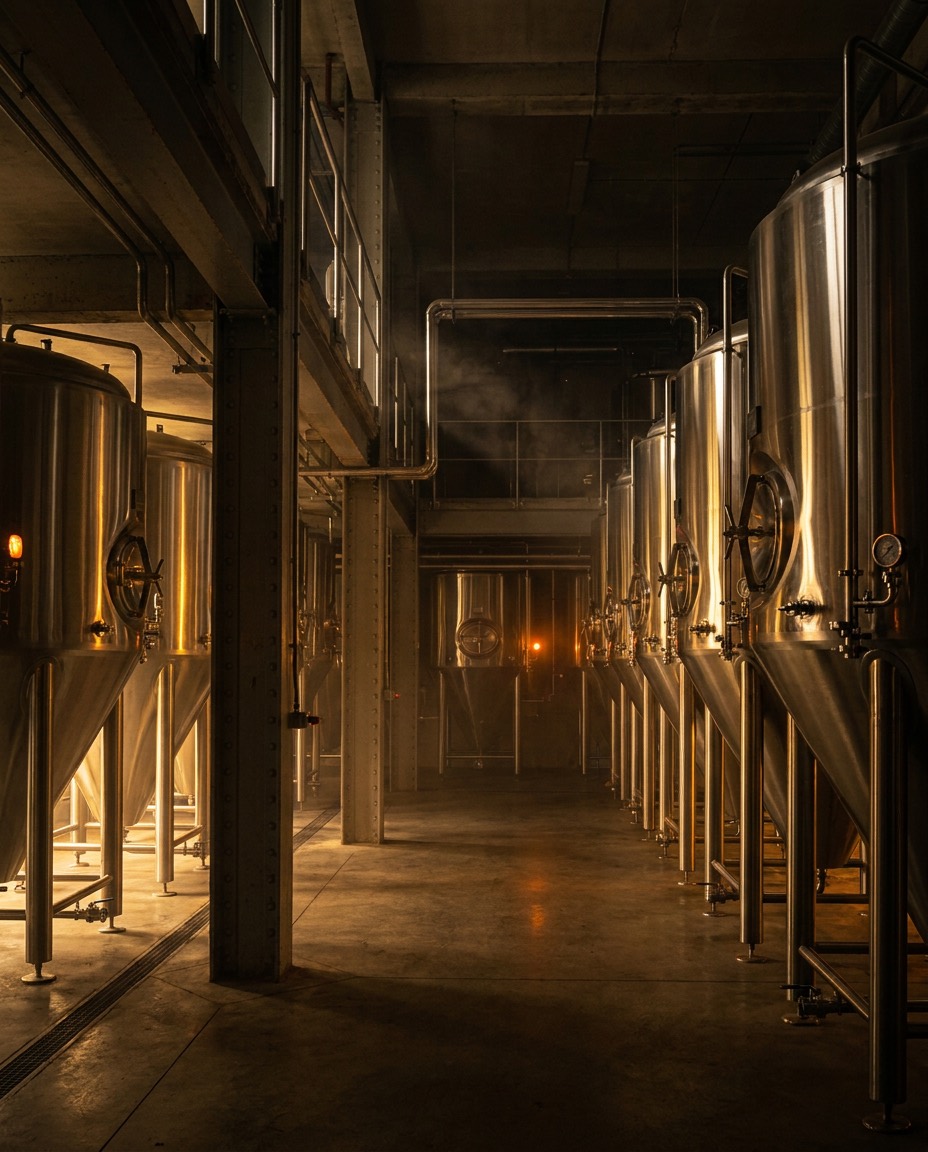 Gleaming stainless-steel fermentation tanks lined up in Ironline's industrial brewhouse