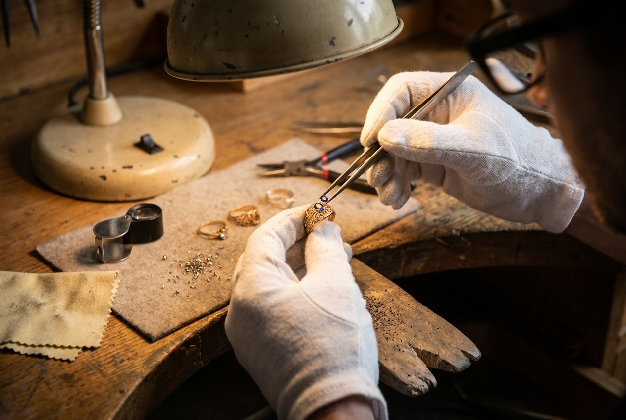 A goldsmith's hands setting a gemstone at the bench under warm light.