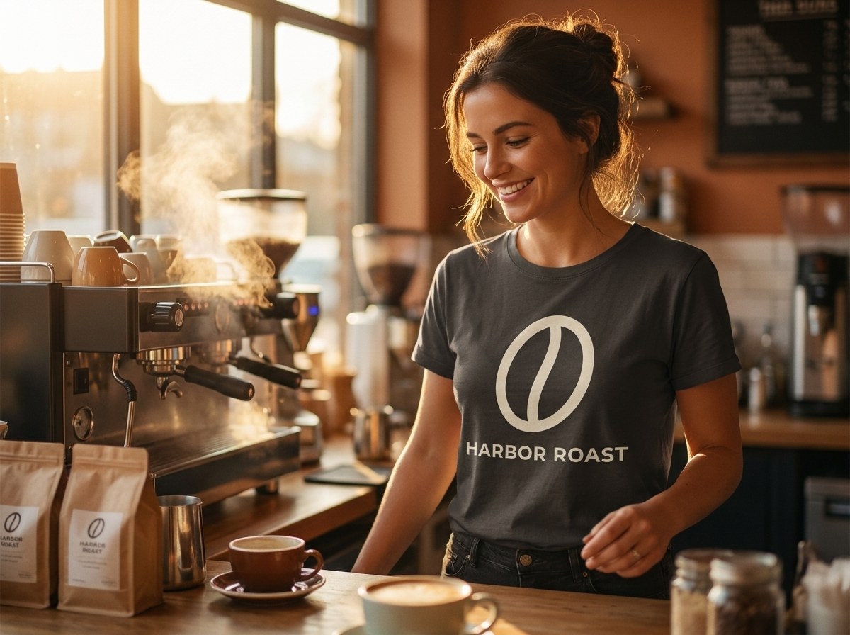 Team member in charcoal brand tee