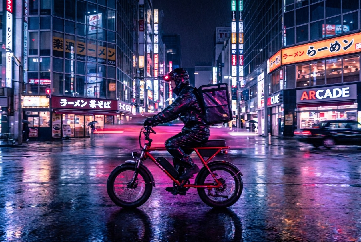 A SwiftDrop courier cutting through neon-lit city traffic at night on an e-bike, red and violet light streaks across wet asphalt