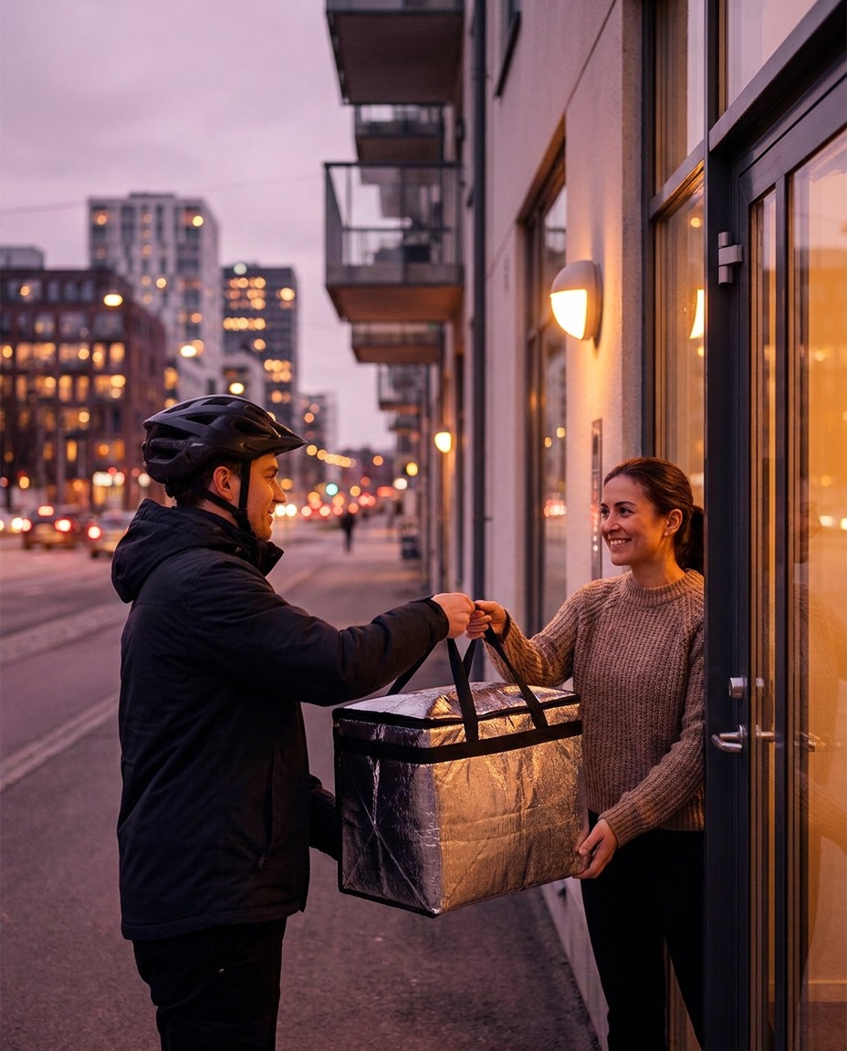 A SwiftDrop rider handing a delivery bag to a smiling customer at their front door at dusk